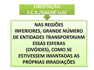 68LIBERTAÇÃOF.C.X./ANDRÉ LUIZNAS REGIÕES INFERIORES, GRANDE NÚMERO DE ENTIDADES TRANSPORTAVAM ESSAS ESFERAS (OVÓIDES), COMO SE ESTIVESSEM IMANTADAS AS PRÓPRIAS IRRADIAÇÕES
