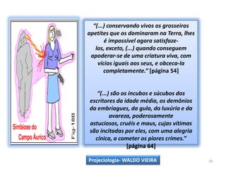 70“(...) conservando vivos os grosseiros apetites que os dominaram na Terra, lhes é impossível agora satisfaze-los, exceto, (...) quando conseguem apoderar-se de uma criatura viva, com vícios iguais aos seus, e obceca-la completamente.” [página 54]“(...) são os íncubos e súcubos dos escritores da idade média, os demônios da embriagues, da gula, da luxúria e da avareza, poderosamente astuciosos, cruéis e maus, cujas vítimas são incitadas por eles, com uma alegria cínica, a cometer os piores crimes.” [página 64]Projeciologia- WALDO VIEIRA