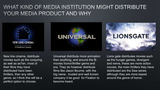 New line cinema, distribute
movies such as the conjuring
as well as se7en, most of
their films they have
distributed have been
thrillers, then any other
genre, so I think this will be a
perfect option to choose.
Universal distribute more animation
then anything, and around the B-
movies horror/thriller genre and
era. They do however distribute
films like Jason Bourne, with the
big name, trusted and well known
company it be good for Fixation to
become heard.
Lions gate distributes movies such
as the hunger games, divergent
and nerve, these are more action
movies, the main thrillers they have
distributed are the Saw series
although they are more based
around the genre of horror.
 