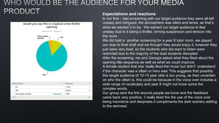 Expectations and reactions
In our first – last screaming with our target audience they were all left
uneasy and intrigued, the atmosphere was silent and tense, as that’s
what we wanted it to be. We wanted our target audience to feel
uneasy due to it being a thriller, brining suspension and tension into
the room.
We did hold a another screening for a year 8 tutor room, we played
our near to final draft and we thought they would enjoy it, however they
just were very load, so the students who did want to listen were
restricted due to the majority of the load students disrupted.
After the screening, me and Georgia asked what they liked about the
opening title sequence as well as what we could improve.
A female student that she ’really liked the music but didn't’ understand
if the character was a villain or hero was’ This suggests that possibly
this target audience of 12-13 year olds is too young, as their uncertain
on who the villain is, this could be because in the voice over includes a
wide range of vocabulary and year 8 might not know some the
complex words.
Our group sent the link around people we know and the feedback
came back very positive, ‘I really liked the the use of the voice over
being monotone and deepness it compliments the dark scenery adding
to the eeriness’.
 