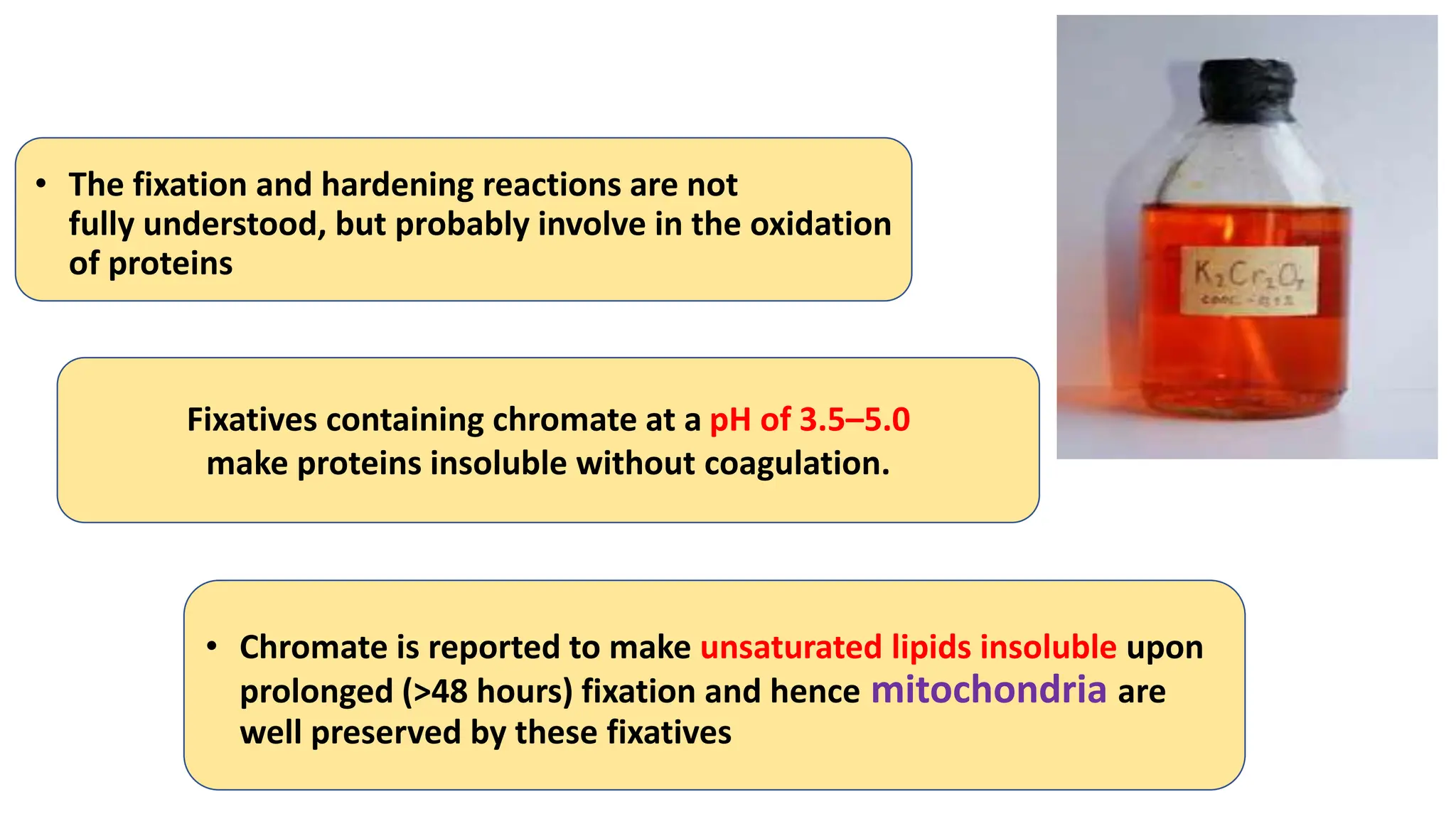 • The fixation and hardening reactions are not
fully understood, but probably involve in the oxidation
of proteins
• Chromate is reported to make unsaturated lipids insoluble upon
prolonged (>48 hours) fixation and hence mitochondria are
well preserved by these fixatives
Fixatives containing chromate at a pH of 3.5–5.0
make proteins insoluble without coagulation.
 