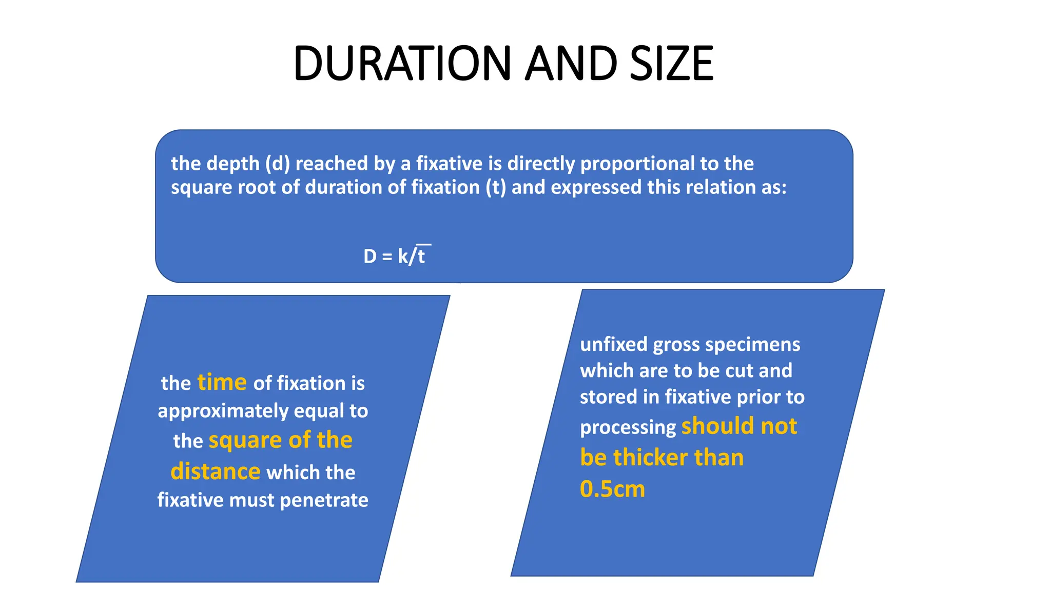 DURATION AND SIZE
the depth (d) reached by a fixative is directly proportional to the
square root of duration of fixation (t) and expressed this relation as:
D = k/t
the time of fixation is
approximately equal to
the square of the
distance which the
fixative must penetrate
unfixed gross specimens
which are to be cut and
stored in fixative prior to
processing should not
be thicker than
0.5cm
 