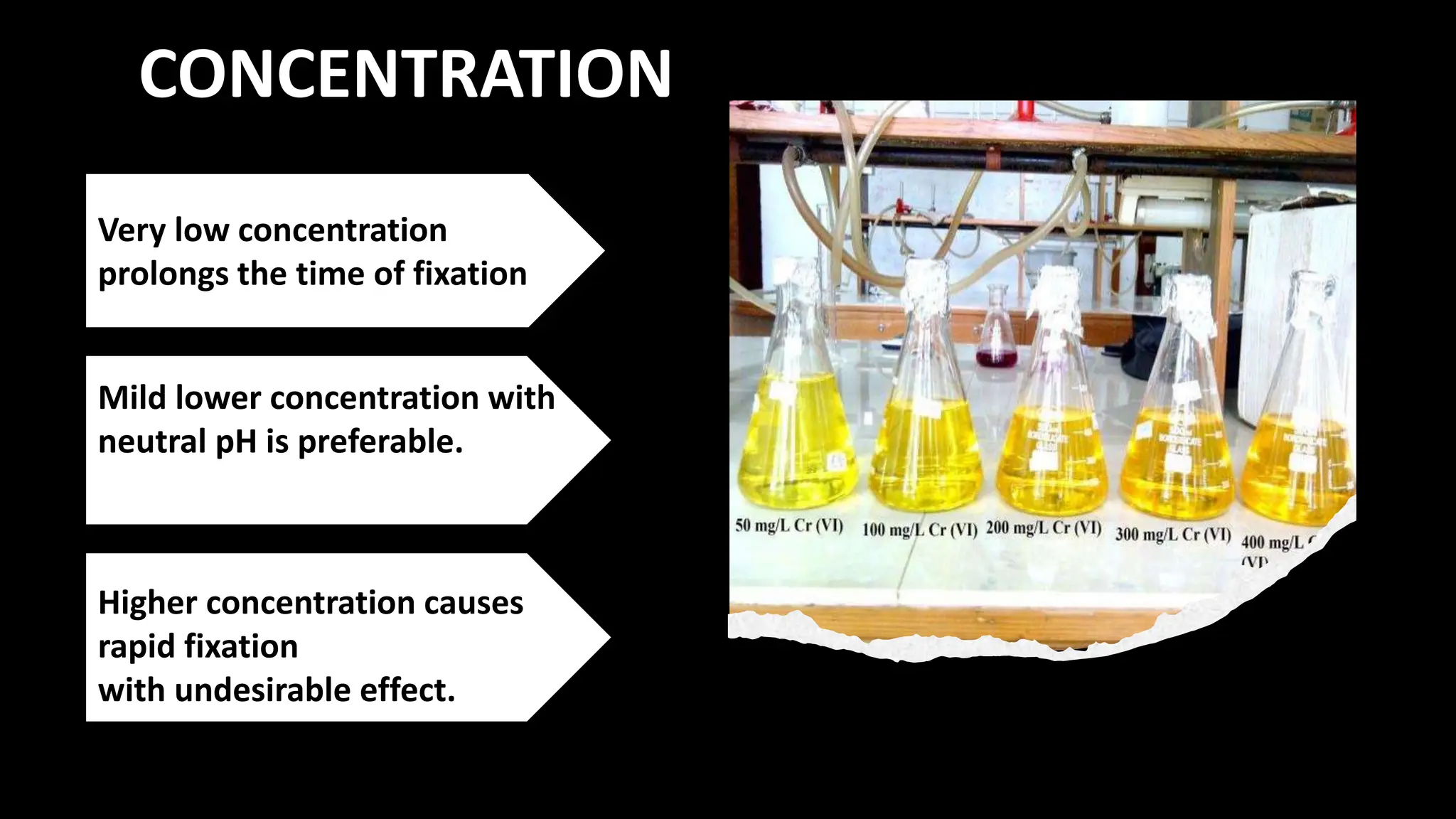 CONCENTRATION
Mild lower concentration with
neutral pH is preferable.
Very low concentration
prolongs the time of fixation
Higher concentration causes
rapid fixation
with undesirable effect.
 