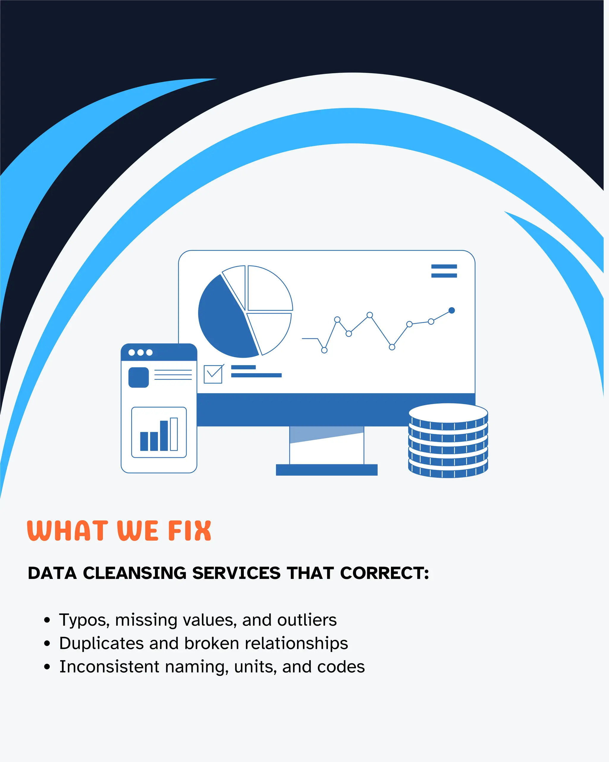 1
WHAT WE FIX
DATA CLEANSING SERVICES THAT CORRECT:
Typos, missing values, and outliers
Duplicates and broken relationships
Inconsistent naming, units, and codes