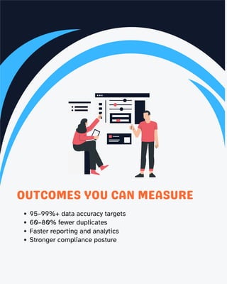 3
OUTCOMES YOU CAN MEASURE
95–99%+ data accuracy targets
60–80% fewer duplicates
Faster reporting and analytics
Stronger compliance posture
 