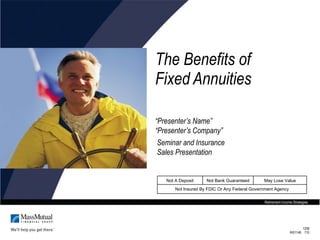 The Benefits of  Fixed Annuities “ Presenter’s Name”   “ Presenter’s Company” Seminar and Insurance   Sales   Presentation 1208 RI01146  710 Retirement Income Strategies Not Insured By FDIC Or Any Federal Government Agency May Lose Value Not Bank Guaranteed Not A Deposit 