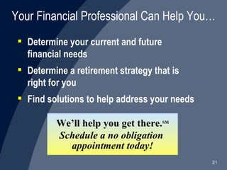 Your Financial Professional Can Help You… Determine your current and future financial needs Determine a retirement   strategy that is right for you Find solutions to help address your needs We’ll help you get there. SM Schedule a no obligation  appointment today! 