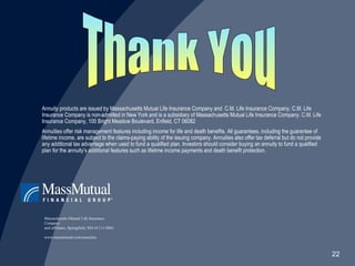 Massachusetts Mutual Life Insurance Company and affiliates, Springfield, MA 01111-0001 www.massmutual.com/annuities Thank You Annuity products are issued by Massachusetts Mutual Life Insurance Company and  C.M. Life Insurance Company. C.M. Life Insurance Company is non-admitted in New York and is a subsidiary of Massachusetts Mutual Life Insurance Company. C.M. Life Insurance Company,  100 Bright Meadow Boulevard, Enfield, CT 06082   Annuities offer risk management features including income for life and death benefits. All guarantees, including the guarantee of lifetime income, are subject to the claims-paying ability of the issuing company. Annuities also offer tax deferral but do not provide any additional tax advantage when used to fund a qualified plan. Investors should consider buying an annuity to fund a qualified plan for the annuity’s additional features such as lifetime income payments and death benefit protection. 