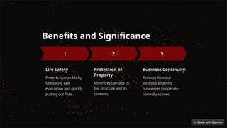 Benefits and Significance
Life Safety
Protects human life by
facilitating safe
evacuation and quickly
putting out fires.
Protection of
Property
Minimizes damage to
the structure and its
contents.
Business Continuity
Reduces financial
losses by enabling
businesses to operate
normally sooner.
 