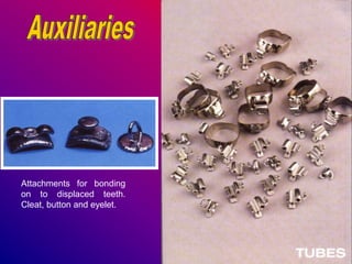 Attachments for bonding
on to displaced teeth.
Cleat, button and eyelet.
 
