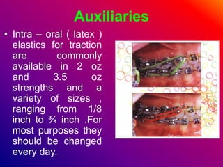 Auxiliaries
• Intra – oral ( latex )
elastics for traction
are commonly
available in 2 oz
and 3.5 oz
strengths and a
variety of sizes ,
ranging from 1/8
inch to ¾ inch .For
most purposes they
should be changed
every day.
 