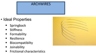 ARCHWIRES

• Ideal Properties








Springback
Stiffness
Formability
Resilience
Biocompatibilty
Joinability
Frictional characteristics

 