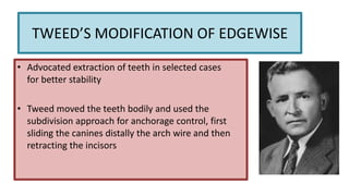 TWEED’S MODIFICATION OF EDGEWISE
• Advocated extraction of teeth in selected cases
for better stability
• Tweed moved the teeth bodily and used the
subdivision approach for anchorage control, first
sliding the canines distally the arch wire and then
retracting the incisors

 