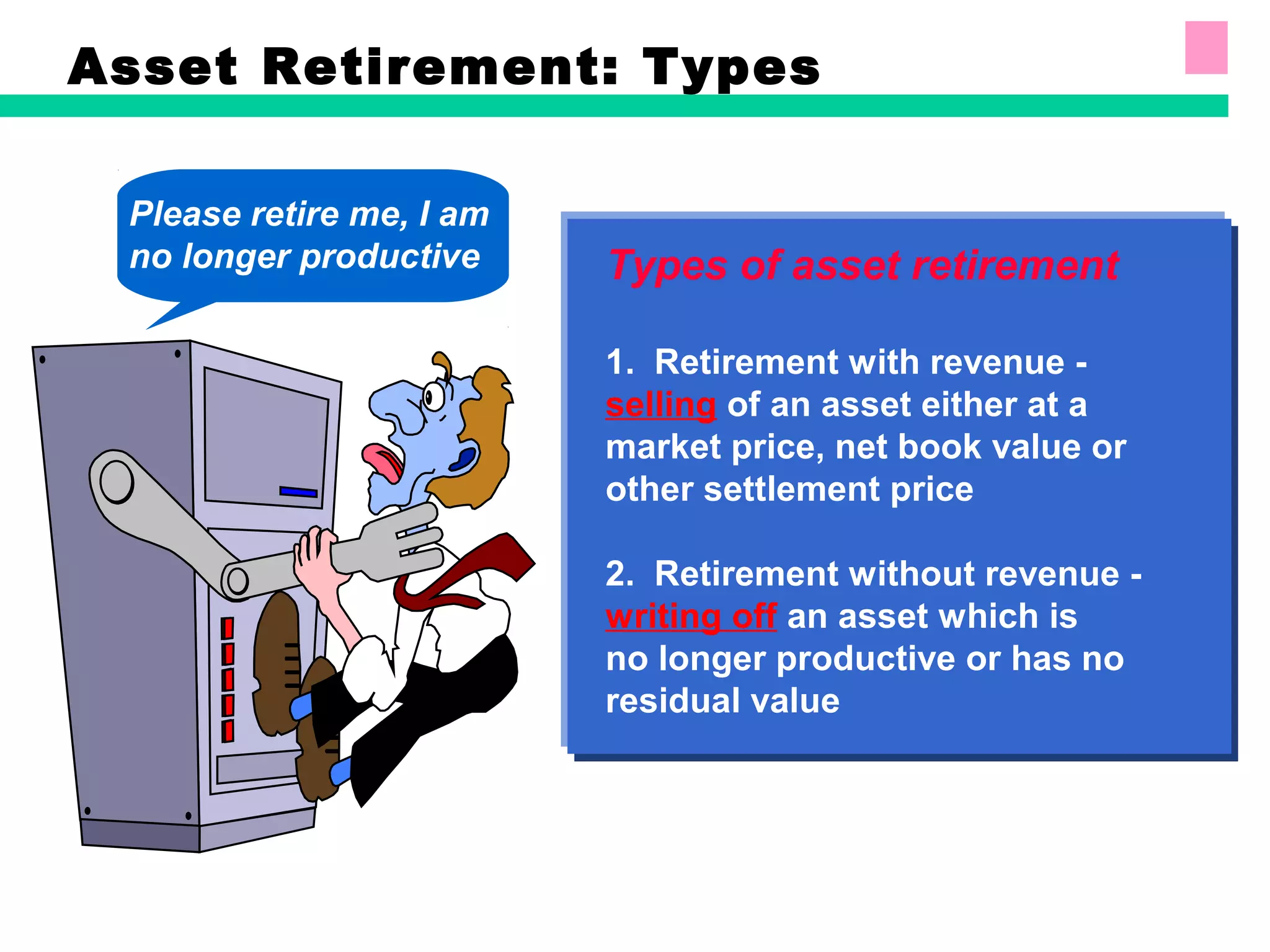 Please retire me, I am
no longer productive Types of asset retirement
1. Retirement with revenue -
selling of an asset either at a
market price, net book value or
other settlement price
2. Retirement without revenue -
writing off an asset which is
no longer productive or has no
residual value
Asset Retirement: Types
 