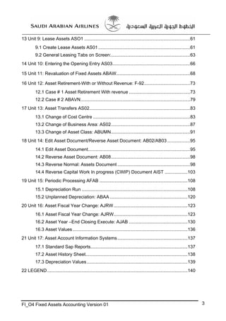 13 Unit 9: Lease Assets ASO1 ...................................................................................61
9.1 Create Lease Assets AS01 ........................................................................61
9.2 General Leasing Tabs on Screen:..............................................................63
14 Unit 10: Entering the Opening Entry AS03.............................................................66
15 Unit 11: Revaluation of Fixed Assets ABAW..........................................................68
16 Unit 12: Asset Retirement-With or Without Revenue: F-92....................................73
12.1 Case # 1 Asset Retirement With revenue ................................................73
12.2 Case # 2 ABAVN......................................................................................79
17 Unit 13: Asset Transfers AS02...............................................................................83
13.1 Change of Cost Centre ............................................................................83
13.2 Change of Business Area: AS02..............................................................87
13.3 Change of Asset Class: ABUMN..............................................................91
18 Unit 14: Edit Asset Document/Reverse Asset Document: AB02/AB03 ..................95
14.1 Edit Asset Document................................................................................95
14.2 Reverse Asset Document: AB08..............................................................98
14.3 Reverse Normal: Assets Document .........................................................98
14.4 Reverse Capital Work In progress (CWIP) Document AIST ..................103
19 Unit 15: Periodic Processing AFAB .....................................................................108
15.1 Depreciation Run ...................................................................................108
15.2 Unplanned Depreciation: ABAA .............................................................120
20 Unit 16: Asset Fiscal Year Change: AJRW ..........................................................123
16.1 Asset Fiscal Year Change: AJRW..........................................................123
16.2 Asset Year –End Closing Execute: AJAB ..............................................130
16.3 Asset Values ..........................................................................................136
21 Unit 17: Asset Account Information Systems .......................................................137
17.1 Standard Sap Reports............................................................................137
17.2 Asset History Sheet................................................................................138
17.3 Depreciation Values ...............................................................................139
22 LEGEND ..............................................................................................................140

FI_O4 Fixed Assets Accounting Version 01

3

 