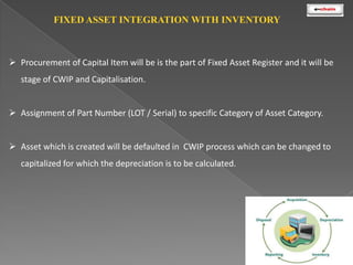 FIXED ASSET INTEGRATION WITH INVENTORY

 Procurement of Capital Item will be is the part of Fixed Asset Register and it will be

stage of CWIP and Capitalisation.
 Assignment of Part Number (LOT / Serial) to specific Category of Asset Category.
 Asset which is created will be defaulted in CWIP process which can be changed to
capitalized for which the depreciation is to be calculated.

 