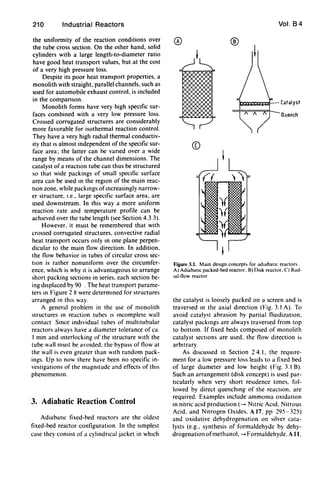210 Industrial Reactors
the uniformity of the reaction conditions over
the tube cross section. On the other hand. solid
cylinders with a large length-to-diameter ratio
have good heat transport values. but at the cost
of a very high pressure loss.
Despite its poor heat transport properties. a
monolith with straight, parallel channels, such as
used for automobile exhaust control. is included
in the companson.
Monolith forms have very high speCific sur-
faces combined with a very low pressure loss.
Crossed corrugated structures are considerably
more favorable for isothermal reaction control.
They have a very high radial thermal conductiv-
ity that IS almost independent of the specific sur-
face area; the latter can be vaned over a wide
range by means of the channel dimensions. The
catalyst of a reactIOn tube can thus be structured
so that wide packings of small specific surface
area can be used In the region of the main reac-
tion zone, while packlngs of Increasingly narrow-
er structure. I.e.. large specific surface area. are
used downstream. In this way a more uniform
reaction rate and temperature profile can be
achieved over the tube length (see Section 4.3.3).
However. it must be remembered that with
crossed corrugated structures, convective radial
heat transport occurs only In one plane perpen-
dicular to the main flow direction. In addition.
the flow behavior in tubes of circular cross sec-
tIOn is rather nonuniform over the circumfer-
ence. which is why It is advantageous to arrange
short packing sections in series. each section be-
ing displaced by 90 . The heat transport parame-
ters In Figure 2 8 were determined for structures
arranged in thiS way.
A general problem in the use of monolith
structures In reaction tubes IS Incomplete wall
contact Since individual tubes of multltubular
reactors always have a diameter tolerance of ca.
1 mm and Interlocking of the structure With the
tube wall must be avoided. the bypass of flow at
the wall is even greater than With random pack-
ings. Up to now there have been no specific in-
vestigations of the magmtude and efTects of thiS
phenomenon.
3. Adiabatic Reaction Control
AdiabatiC fixed-bed reactors are the oldest
fixed-bed reactor configuration. In the Simplest
case they consist of a cylindncal jacket in which
Vol. B4
®
~:iXli::aJi:ilif"- (ataIyst
o.uench
Figure 3.1. Mam deSign concept> for adiabatiC reactors
A) AdiabatiC packed-bed reactor. B) Disk reactor. C) Rad-
Ial-now reactor
the catalyst is loosely packed on a screen and is
traversed In the axial direction (Fig. 3.1 A). To
avoid catalyst abrasion by partial flutdizatlOn.
catalyst packlngs are always traversed from top
to bottom. If fixed beds composed of monolith
catalyst sections are used. the flow direction i,
arbitrary.
As discussed In Section 2 4.1. the reqUIre-
ment for a low pressure lo,s leads to a fixed bed
of large diameter and low height (Fig. 3.1 B).
Such an arrangement (disk concept) is used par-
ticularly when very short reSidence times. fol-
lowed by direct quenching of the reactIOn. are
required. Examples include ammoma oxidation
in nitric acid production (-- Nitric ACid. Nitrous
Acid. and Nitrogen Oxides. A 17. pp 295-325)
and oxidative dehydrogenation on silver cata-
lysts (e.g.. synthesis of formaldehyde by dehy-
drogenation ofmethanoL -- Formaldehyde. A II.
 