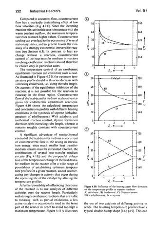 222 Industrial Reactors
Compared to cocurrent flow. countercurrent
flow has a markedly destabilizing effect at low
flow velocities (Fig. 4.9 C). Since the incoming
reaction mixture in this case is in contact with the
warm coolant outflow. the maximum tempera-
ture rises to much higher values. Countercurrent
cooling can even lead to the occurrence ofseveral
stationary states. and in general favors the run-
away of a strongly exothermic. irreversible reac-
tion (see SectIon 6.3). In contrast to heat ex-
change without a reaction. countercurrent
control of the heat-transfer medium in reactors
involving exothermic reactions should therefore
be chosen only in particular cases.
The temperature control of an exothermic
equilibTlum reaction can constitute such a case.
As Illustrated in Figure 4.2 B. the optimum tem-
perature profile should in this case decrease with
Increasing conversion. i.e.. along the tube length.
On account of the equilibrium inhibition of the
reaction. It is not possible for the reaction to
runaway in the front region. Countercurrent
flow of the heat-transfer medium is also advanta-
geous for endothermic equilibrium reactions.
Figure 4. to shows the calculated temperature
and concentration profiles with different heating
conditions in the synthesis of styrene (dehydro-
genatIOn of ethylbenzene). WIth adiabatic and
isothermal reaction control. styrene formation
decreases with increasing tube length. whereas It
remains roughly constant with countercurrent
control.
A significant advantage of nonisothermal
control of the heat-transfer medium in cocurrent
or countercurrent flow is the saving in circula-
tIOn energy. since much smaller heat transfer-
medium streams must be circulated. Overall. the
combination of several heat-transfer medium
circuits (Fig. 4.1 E) and the purposeful utiliza-
tion of the temperature change of the heat-trans-
fer medium in the reactor offer a wide range of
pOSSIbilities of establishing optimum tempera-
ture profiles for a given reactIon. and ofcounter-
acting any changes in actiVIty that occur during
the operating life of the catalyst by altering the
temperature profiles.
A further possibIlity ofinfluencing the course
of the reactIOn is to use catalysts of dIfferent
activities over the reactor length. Particularly
WIth strongly exothermIC reactions that are liable
to runaway. such as partml oxidations. a less
active catalyst IS occasionally used in the front
part of the reactor In order to avoid too high a
maximum temperature. Figure 4. t t A illustrates
Vol. 84
50 -
----~-1
700
660
620 f
u
40
f 30
~
"i 20 __-----t---i 580 ::..
10 540
O~~-L----~--~__~~
o 2 3 4
®
50 --li-oo----Cata'yst'----oo-li 700
II I
, I
" EB I 660
" I
40
" I f30r-+-----'~,~~--~T----+-~620..... ___ I__ I
10
2 3
CD
50
40
30
~
"i 20
10
3
~­
I
I
I
I
I
I
4
4
u
o
580 0-'
540
700
660
620 Iu
580 ::
540
Figure 4.10. Innuence of the heattng agent now dlrectton
on the temperature profile In styrene syntheSIS
A) AdIabatIC. B) Isothermal. C) Countercurrent
EB = ethylbenLene. St = styrene
the use of two catalysts of dIffering actIvity In
series. The resulting temperature profiles have a
tYPIcal double-hump shape [4.8]. [4.9]. This can
 
