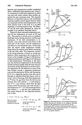 232 Industrial Reactors
perature and concentration profiles established
after a sufficiently long operating time. Howev-
er, in practice it is often more important in which
way and with which velocity these profiles ap-
proach the next stationary state. This dynamic
behavior of fixed-bed reactors with exothermic
reactions exhibits several special features which
are connected with the axial displacement of the
main reaction zone In the form of a so-called
migrating or moving reaction zone. The behav-
ior can be most easily discussed by using the
example of an adiabatic fixed-bed reactor.
Figure 6.4 shows measured temperature pro-
files for the methanation of traces of CO and
CO2 , This reaction is carried out in an adiabatic
fixed-bed reactor during ammonia synthesis gas
production. If the feed concentration is in-
creased, a new main reaction zone forms in the
front part of the reactor, and the temperature
rises here to a new maximum value. At the same
time, the reactor outlet temperature initially
drops below the original value before increasing
to the new final value. This temporary reaction
in the wrong direction is known as wrong-way
behavior. More surprising is the wrong-way be-
havior in the examples of Figure 6.4 B (decrease
in feed concentration) and Figure 6.4C (decrease
in feed temperature). Particularly in the latter
case, the maximum temperature in the fixed bed
initially increases rapidly while the main reaction
zone moves slowly backwards out of the reactor.
An explanation for this behavior in terms of the
heat balance around a migrating combustion
zone was first derived by WICKE and VORTMEYER
[6.11). In a migrating reaction zone that moves
through an adiabatic fixed-bed reactor with ve-
locity I' due to lowering of the feed temperature
to ro (Fig. 6.5), gas !lows from the left into the
reaction zone with velocity v -II' and tempera-
ture ro (v = gas velocity), while from the right
catalyst enters the reaction zone with velocity II'
and temperature ro + LTand reacted gas leaves
with velocity v - I' and the same temperature.
The energy balance for the mIgrating reaction
zone is thus:
r.' A· (v - 1') 'C!c;' cpG ' LTad =
Heat of reactIOn
Introduced and
released WIth the gas
r. . A . (v - 1') . C!G . cpG
. LT
Latent heat taken up
by the gas
+ (1 - r.) . A . I' 'C!• . c, . LT
Latent heat released by
the packing (6.1 )
® T..
SV
=22S0(
=10S80h-1
220 0 05 10
z/L-
@
350
1300
.....:
250
CD
350
1300
w
o
,....... 250
z/L_
z/L_
Vol. B4
to
Figure 6.4. Measured (pOints) and calculated temperature
profiles shOWing the transient of an adlaballC fixed-bed
reactor for the methanatlOn of CO and CO2 [6 to]
A) TranSlllon after Increase In feed concentratIOn; B) Tran-
SllIon after decrease In feed concentrallon; C) TranSItIon
after decrease In feed temperature
SV = 1/, V. (space veloctty)
 