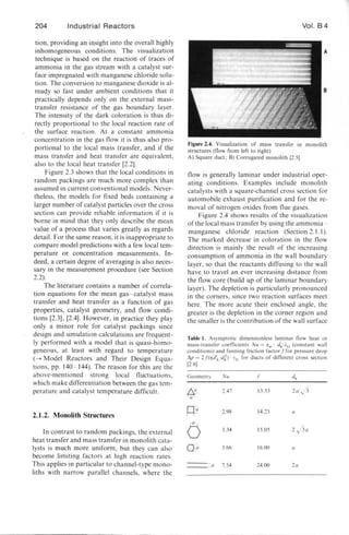 204 Industrial Reactors
tion, providing an insight into the overall highly
inhomogeneous conditions. The visualization
technique is based on the reaction of traces of
ammonia in the gas stream with a catalyst sur-
face impregnated with manganese chloride solu-
tion . The conversion to manganese dioxide is al-
ready so fast under ambient conditions that it
practically depends only on the external mas -
transfer resistance of the gas boundary layer.
The intensity of the dark coloration is thus di-
rectly proportional to the local reaction rate of
the urface reaction. At a constant ammonia
concentration in the gas flow it is thus also pro-
portional to the local mass transfer, and if the
rna s transfer and heat transfer are equivalent,
also to the local heat transfer [2.2).
Figure 2.3 shows that the local conditions in
random packings are much more complex than
as umed in current conventional models. Never-
theless, the models for fixed beds containing a
larger number of catalyst particles over the cro s
section can provide reliable information if it is
borne in mind that they only describe the mean
value of a process that varies greatly a regards
detail. For the same reason, it is inappropriate to
compare model predictions with a few local tem-
perature or concentration measurement . In-
deed, a certain degree of averaging is also nece -
sary in the measurement procedure (see Section
2.2).
The literature contains a number of correla-
tion equations for the mean gas - catalyst mass
tran fer and heat transfer as a function of gas
propertie , cataly t geometry, and flow condi-
tions [2.3], [2.4). However, in practice they play
only a minor role for catalyst packings since
design and simulation calculations are frequent-
ly performed with a model that is quasi-homo-
geneous, at least with regard to temperature
(-+ Model Reactors and Their Design Equa-
tions, pp. 140- 144). The reason for this are the
above-mentioned trong local fluctuations,
which make differentiation between the gas tem-
perature and catalyst temperature difficult.
2.1.2. Monolith tructures
In contrast to random packings, the external
heat transfer and mass transfer in monolith cata-
lysts is much more uniform, but they can also
become limiting factors at high reaction rates.
This applies in particular to channel-type mono-
liths with narrow parallel channels. where the
Vol. B 4
A
B
Figure 2.4. Visualization of mass transfer in monolith
structures (now from left to right)
A) Square duct; 8) Corrugated monolith 12.5]
flow i generally laminar under indu trial oper-
ating conditions. Example include monolith
catalysts with a square-channel cross section for
automobile exhaust purification and for the re-
moval of nitrogen oxides from flue gases.
Figure 2.4 shows results of the visualization
of the local mass transfer by using the ammonia -
manganese chloride reaction (Section 2.1.1).
The marked decrease in coloration in the flow
direction is mainly the result of the increa ing
con umption of ammonia in the wall boundary
layer, so that the reactants diffusing to the wall
have to travel an ever increasing distance from
the flow core (build up of the laminar boundary
layer). The depletion is particularly pronounced
in the corners, since two reaction surfaces meet
here. The more acute their enclo ed angle, the
greater is the depletion in the corner region and
the smaller is the contribution of the wall surface
Tabte I. Asymptotic dimensionless laminar now heat or
mass-transfer coefficients Nu = ,,_ . dh/;'G (constant wall
conditions) and fanning friction factor I for pressure drop
fo.p = 2/("Zud:) . I'G for ducts of different cross section
[2.6)
Geometr) Nu I dh
{;; 2.47 13.33 20 v 3
~ 2.98 14.23 a
0 3.34 15.05 3a
~ 3.66 16.00 a
0 7.54 24.00 20
 