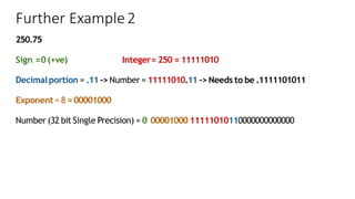 Further Example2
250.75
Sign =0(+ve) Integer= 250 = 11111010
Decimal portion = .11-> Number = 11111010.11 -> Needs to be .1111101011
Exponent = 8 =00001000
Number (32 bit Single Precision) = 0 00001000 11111010110000000000000
 