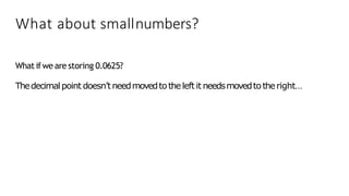 What about smallnumbers?
What ifwe are storing 0.0625?
Thedecimalpoint doesn’tneedmovedtotheleftit needsmovedtotheright…
 