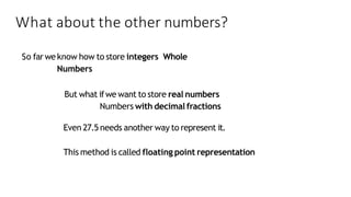 What about the other numbers?
So far we know how to store integers Whole
Numbers
But what ifwe want to store real numbers
Numbers with decimal fractions
Even 27.5 needs another way to represent it.
This method is called floating point representation
 