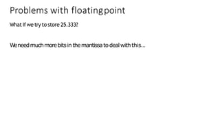 Problems with floatingpoint
What ifwe try to store 25.333?
W
eneedmuchmorebitsin themantissatodealwiththis…
 