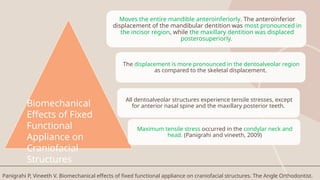 Moves the entire mandible anteroinferiorly. The anteroinferior
displacement of the mandibular dentition was most pronounced in
the incisor region, while the maxillary dentition was displaced
posterosuperiorly.
The displacement is more pronounced in the dentoalveolar region
as compared to the skeletal displacement.
All dentoalveolar structures experience tensile stresses, except
for anterior nasal spine and the maxillary posterior teeth.
Maximum tensile stress occurred in the condylar neck and
head. (Panigrahi and vineeth, 2009)
Biomechanical
Effects of Fixed
Functional
Appliance on
Craniofacial
Structures
Panigrahi P, Vineeth V. Biomechanical effects of fixed functional appliance on craniofacial structures. The Angle Orthodontist.
 
