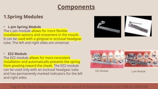 Components
1.Spring Modules
• L-pin Spring Module
The L-pin module allows for more flexible
installation options and movement in the mouth.
It can be used with a gingival or occlusal headgear
tube. The left and right sides are universal.
• EZ2 Module
The EZ2 module allows for more consistent
installation and automatically prevents the spring
from pivoting toward the cheek. The EZ2 module
can be used only with an occlusal headgear tube
and has permanently marked indicators for the left
and right sides.
EZ2 Module. L-pin Module.
Vogt W. The Forsus fatigue resistant device. Journal of clinical orthodontics: JCO. 2006 Jun;40(6):368-
 