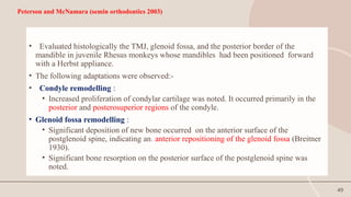 49
Peterson and McNamara (semin orthodontics 2003)
• Evaluated histologically the TMJ, glenoid fossa, and the posterior border of the
mandible in juvenile Rhesus monkeys whose mandibles had been positioned forward
with a Herbst appliance.
• The following adaptations were observed:-
• Condyle remodelling :
• Increased proliferation of condylar cartilage was noted. It occurred primarily in the
posterior and posterosuperior regions of the condyle.
• Glenoid fossa remodelling :
• Significant deposition of new bone occurred on the anterior surface of the
postglenoid spine, indicating an. anterior repositioning of the glenoid fossa (Breitner
1930).
• Significant bone resorption on the posterior surface of the postglenoid spine was
noted.
 