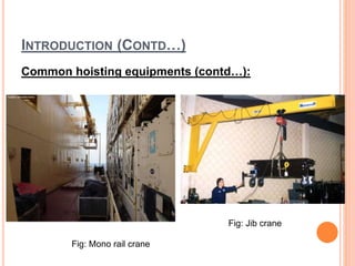 INTRODUCTION (CONTD…)
Common hoisting equipments (contd…):
Fig: Mono rail crane
Fig: Jib crane
 