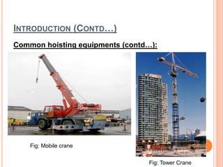 INTRODUCTION (CONTD…)
Common hoisting equipments (contd…):
Fig: Tower Crane
Fig: Mobile crane
 