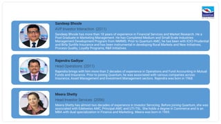 Sandeep Bhosle
AVP Investor Interaction (2011)
Sandeep Bhosle has more than 18 years of experience in Financial Services and Market Research. He a
Post Graduate in Marketing Management. He has Completed Medium and Small Scale Industries
Management Development Program from NMIMS. Prior to Quantum AMC, he has been with ICICI Prudential
and Birla Sunlife Insurance and has been instrumental in developing Rural Markets and New Initiatives,
Process Quality, Loyalty Programs, R&R Initiatives.
Rajendra Gadiyar
Head Operations (2011)
Rajendra brings with him more than 2 decades of experience in Operations and Fund Accounting in Mutual
Funds and Insurance. Prior to joining Quantum, he was associated with various companies across
Insurance, Asset Management and Investment Management sectors. Rajendra was born in 1968.
Meera Shetty
Head Investor Services (2006)
Meera Shetty has almost two decades of experience in Investor Servicing. Before joining Quantum, she was
associated with Edelweiss AMC, Principal AMC and UTI-TSL. She holds a degree in Commerce and is an
MBA with dual specialization in Finance and Marketing. Meera was born in 1969.
 