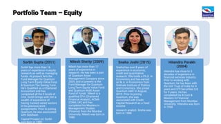 Sorbh Gupta (2011)
Sorbh has more than 16
years of experience in equity
research as well as managing
funds. At present he’s the
Fund Manager for Quantum
Long Term Equity Value Fund
& Quantum Tax Saving Fund.
He’s Qualified as a Chartered
Accountant and has
completed all the 3 levels of
CFA. Sorbh brings with him a
wealth of experience of
having tracked varied sectors
in his previous work
assignments. Prior to joining
Quantum, he was associated
with Siddhesh
Capital Private Ltd. Sorbh
was born in 1980
Nilesh Shetty (2009)
Nilesh has more than 17
years of experience in
research. He has been a part
of Quantum Asset
Management Company since
2009, and at present is the
Fund Manager for Quantum
Long Term Equity Value Fund
and Quantum Multi Asset
Fund of Funds. Nilesh is a
qualified CFA (Chartered
Financial Analyst), ACMA
(CIMA, UK) and has
completed his Masters in
Management Studies
(Finance) from the Mumbai
University. Nilesh was born in
1980
Sneha Joshi (2015)
Sneha has over 8 years of
experience in economic,
credit and quantitative
research. She holds a Ph.D. in
Economics and has earned
an M.A. in Economics from
Gokhale Institute of Politics
and Economics. She joined
Quantum AMC in August,
2015. Prior to joining
Quantum, she was
associated with Credit
Capital Research as a fixed
income
research analyst. Sneha was
born in 1988
Hitendra Parekh
(2004)
Hitendra has close to 3
decades of experience in
financial services industry.
Prior to working with
Quantum, he has been with
the Unit Trust of India for 4
years and UTI Securities Ltd
for 9 years. He has
completed his B.Com &
Masters in Financial
Management from Mumbai
University. Hitendra was born
in 1968
Portfolio Team – Equity
 
