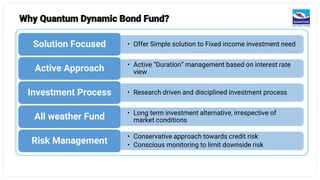 • Offer Simple solution to Fixed income investment need
Solution Focused
• Active “Duration” management based on interest rate
view
Active Approach
• Research driven and disciplined investment process
Investment Process
• Long term investment alternative, irrespective of
market conditions
All weather Fund
• Conservative approach towards credit risk
• Conscious monitoring to limit downside risk
Risk Management
Why Quantum Dynamic Bond Fund?
 