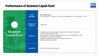 Quantum
Liquid Fund
Mr. Pankaj Pathak
Work experience: 11.8 years. He has been managing this fund since March 01, 2017.
Liquid Fund.
Invested in government securities treasury bills and AAA/A1 rated PSUs
No private corporate credit risks.
Entire portfolio is marked-to-market daily to ensure the declared NAV is “real”
Disciplined asset liability management.
Disciplined proprietary research and investment process.
Weekly disclosure of portfolio.
Short term investment and liquidity.
Fund
Manager
Category of
Scheme
Features
Useful for
Performance of Quantum Liquid Fund
 