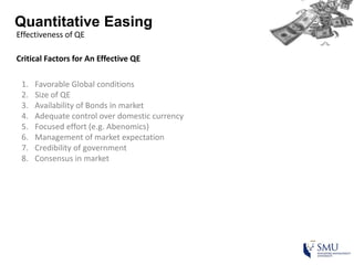 Quantitative Easing
Effectiveness of QE
Critical Factors for An Effective QE
1. Favorable Global conditions
2. Size of QE
3. Availability of Bonds in market
4. Adequate control over domestic currency
5. Focused effort (e.g. Abenomics)
6. Management of market expectation
7. Credibility of government
8. Consensus in market
 