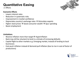 Quantitative Easing
2. Effects
Economic Effects
- Lowers interest rates
- Reduction in systematic risks
- Improvement in market confidence
- Depreciates country’s exchange rates  Stimulates exports
- Higher stock prices  boost consumer wealth  Spur spending
- Boost employment
Limitations
- Reverse inflation more than target Hyperinflation
- Bank may still be reluctant to lend in a climate of increasing defaults
- Capital flight to other markets e.g. Emerging market, instead of lending to local
businesses
- Cost-push inflation instead of demand-pull inflation (due to rise in cost of factor of
productions)
 