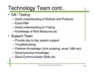 Technology Team cont..
• QA / Testing
  –   Good understanding of Markets and Products
  –   Excel/VBA
  –   Good understanding of Trading
  –   Knowledge of Risk Measures etc
• Support Team
  –   Provide day to day system support
  –   Troubleshooting
  –   Platform Knowledge (Unix scripting, excel, VBA etc)
  –   Good business knowledge
  –   Good Communication Skills etc.


                                                            14
 