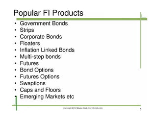 Popular FI Products
•   Government Bonds
•   Strips
•   Corporate Bonds
•   Floaters
•   Inflation Linked Bonds
•   Multi-step bonds
•   Futures
•   Bond Options
•   Futures Options
•   Swaptions
•   Caps and Floors
•   Emerging Markets etc

                             5
 