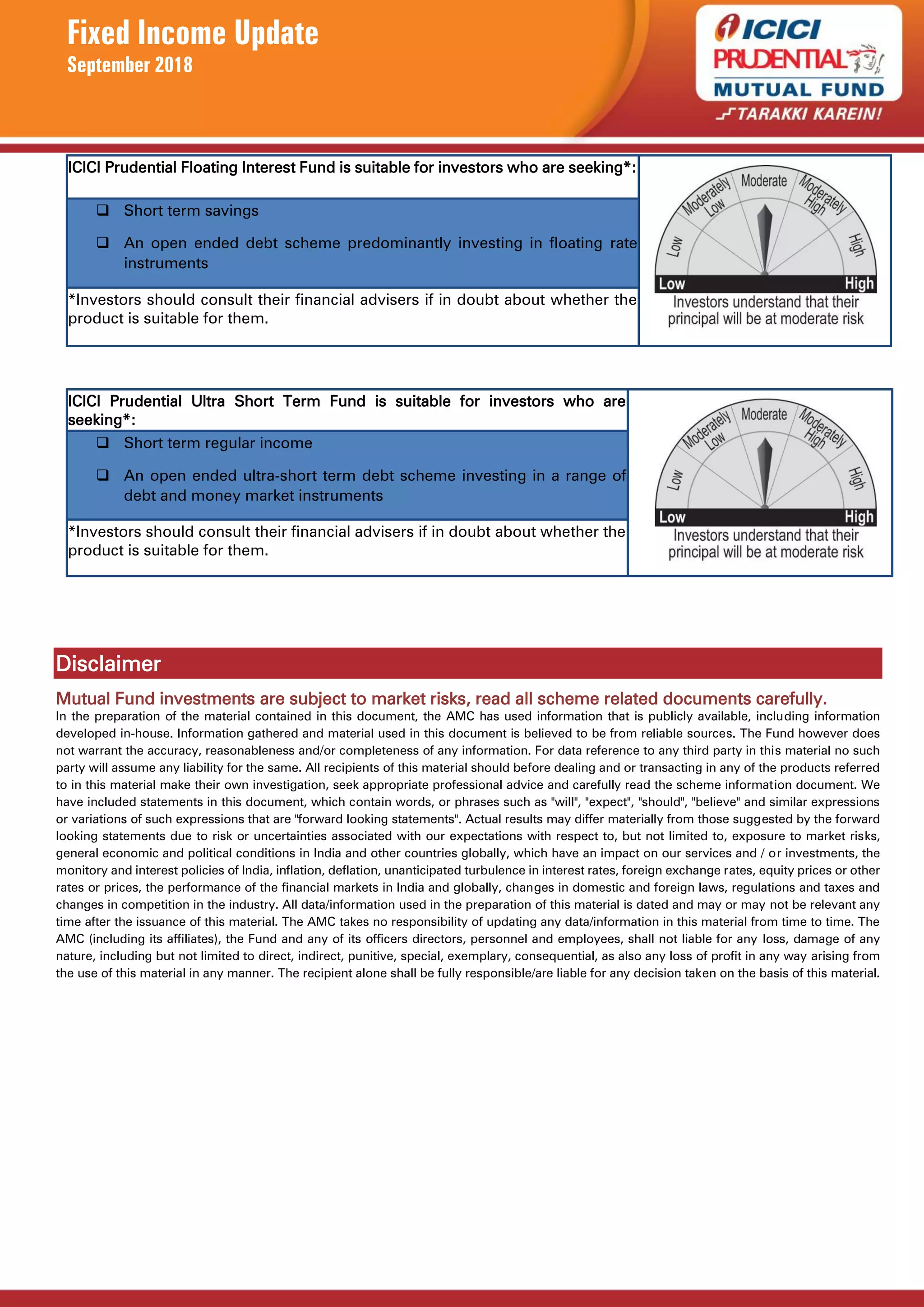 Fixed Income Update
September 2018
ICICI Prudential Floating Interest Fund is suitable for investors who are seeking*:
 Short term savings
 An open ended debt scheme predominantly investing in floating rate
instruments
*Investors should consult their financial advisers if in doubt about whether the
product is suitable for them.
ICICI Prudential Ultra Short Term Fund is suitable for investors who are
seeking*:
 Short term regular income
 An open ended ultra-short term debt scheme investing in a range of
debt and money market instruments
*Investors should consult their financial advisers if in doubt about whether the
product is suitable for them.
Disclaimer
Mutual Fund investments are subject to market risks, read all scheme related documents carefully.
In the preparation of the material contained in this document, the AMC has used information that is publicly available, including information
developed in-house. Information gathered and material used in this document is believed to be from reliable sources. The Fund however does
not warrant the accuracy, reasonableness and/or completeness of any information. For data reference to any third party in this material no such
party will assume any liability for the same. All recipients of this material should before dealing and or transacting in any of the products referred
to in this material make their own investigation, seek appropriate professional advice and carefully read the scheme information document. We
have included statements in this document, which contain words, or phrases such as "will", "expect", "should", "believe" and similar expressions
or variations of such expressions that are "forward looking statements". Actual results may differ materially from those suggested by the forward
looking statements due to risk or uncertainties associated with our expectations with respect to, but not limited to, exposure to market risks,
general economic and political conditions in India and other countries globally, which have an impact on our services and / or investments, the
monitory and interest policies of India, inflation, deflation, unanticipated turbulence in interest rates, foreign exchange rates, equity prices or other
rates or prices, the performance of the financial markets in India and globally, changes in domestic and foreign laws, regulations and taxes and
changes in competition in the industry. All data/information used in the preparation of this material is dated and may or may not be relevant any
time after the issuance of this material. The AMC takes no responsibility of updating any data/information in this material from time to time. The
AMC (including its affiliates), the Fund and any of its officers directors, personnel and employees, shall not liable for any loss, damage of any
nature, including but not limited to direct, indirect, punitive, special, exemplary, consequential, as also any loss of profit in any way arising from
the use of this material in any manner. The recipient alone shall be fully responsible/are liable for any decision taken on the basis of this material.
 