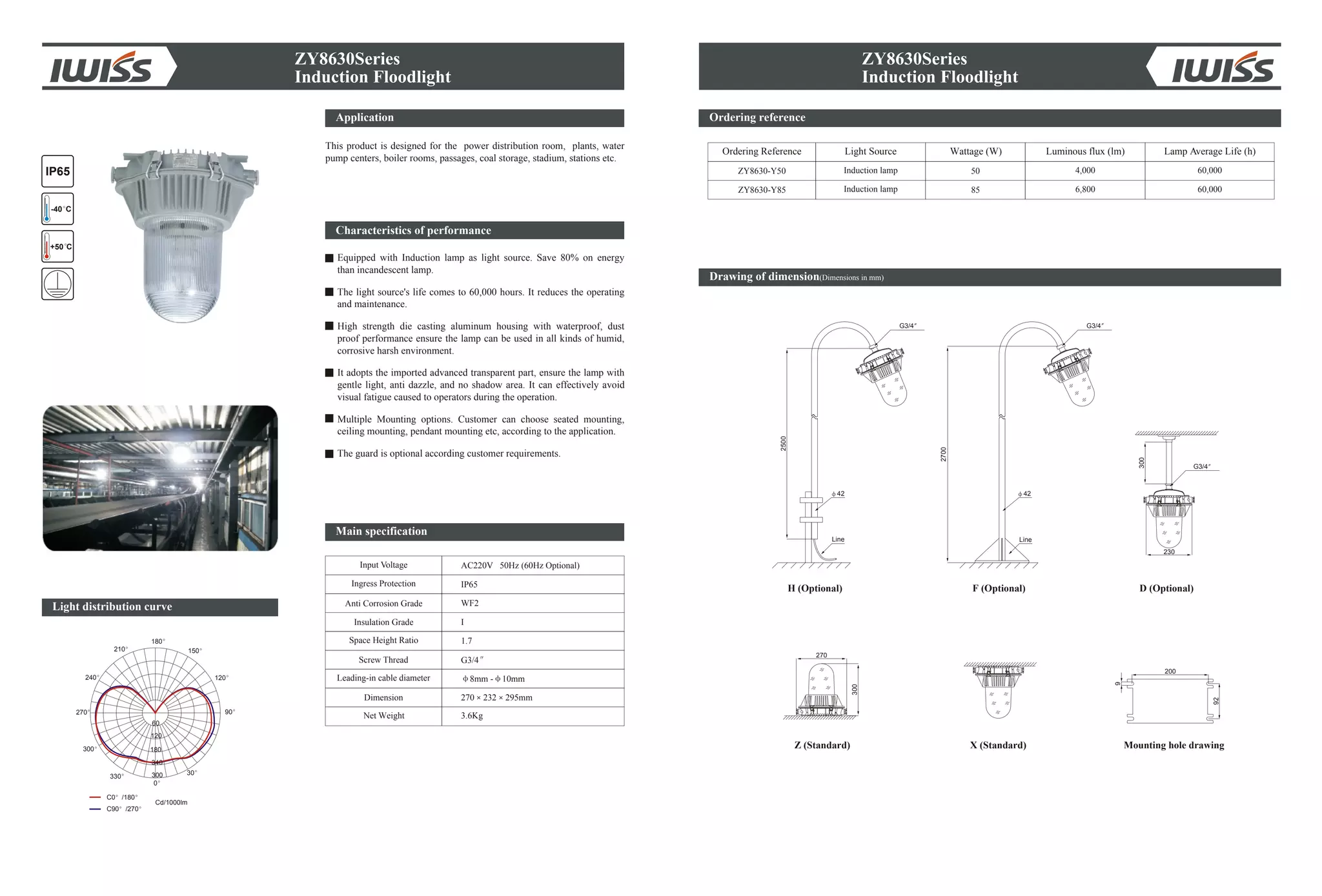 ZY8630Series
Ordering reference
Drawing of dimension(Dimensions in mm)
G3/4 G3/4
Line
G3/4
42 42
270
300
230
300
2500
2700
Line
Mounting hole drawing
200
92
9
Ordering Reference Light Source Wattage (W) Lamp Average Life (h)
ZY8630-Y50 50 4,000 60,000
Z (Standard) X (Standard)
D (Optional)F (Optional)H (Optional)
Induction lampIP65
+50 C
-40 C
Light distribution curve
90
30
120
150
180
210
240
270
300
330
0
60
120
180
340
300
C0 /180
C90 /270
Cd/1000lm
ZY8630Series
Induction Floodlight
ZY8630-Y85 85 6,800 60,000
Induction Floodlight
Induction lamp
Application
This product is designed for the power distribution room, plants, water
pump centers, boiler rooms, passages, coal storage, stadium, stations etc.
Characteristics of performance
Equipped with as light source. Save 80% on energy
than incandescent lamp.
The light source's life comes to 60,000 hours. It reduces the operating
and maintenance.
High strength die casting aluminum housing with waterproof, dust
proof performance ensure the lamp can be used in all kinds of humid,
corrosive harsh environment.
It adopts the imported advanced transparent part, ensure the lamp with
gentle light, anti dazzle, and no shadow area. It can effectively avoid
visual fatigue caused to operators during the operation.
Multiple Mounting options. Customer can choose seated mounting,
ceiling mounting, pendant mounting etc, according to the application.
The guard is optional according customer requirements.
Induction lamp
Input Voltage
Anti Corrosion Grade
Insulation Grade
Space Height Ratio
Leading-in cable diameter
Dimension
Net Weight
AC220V 50Hz (60Hz Optional)
WF2
I
1.7
8mm - 10mm
270 232 295mm
Ingress Protection IP65
3.6Kg
Screw Thread G3/4
Main specification
Luminous flux (lm)
 