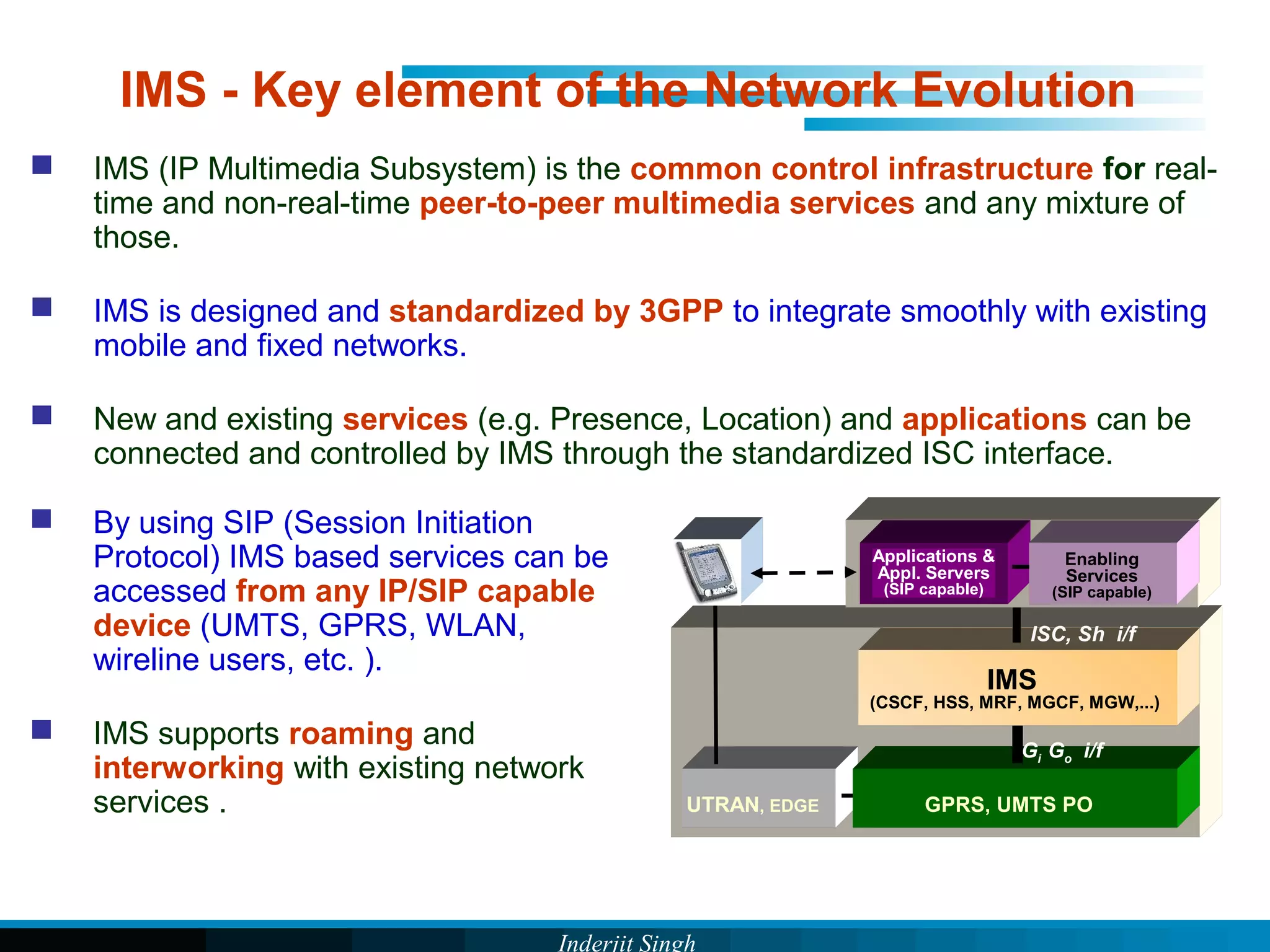Inderjit Singh
IMS - Key element of the Network Evolution
 IMS (IP Multimedia Subsystem) is the common control infrastructure for real-
time and non-real-time peer-to-peer multimedia services and any mixture of
those.
 IMS is designed and standardized by 3GPP to integrate smoothly with existing
mobile and fixed networks.
 New and existing services (e.g. Presence, Location) and applications can be
connected and controlled by IMS through the standardized ISC interface.
 By using SIP (Session Initiation
Protocol) IMS based services can be
accessed from any IP/SIP capable
device (UMTS, GPRS, WLAN,
wireline users, etc. ).
 IMS supports roaming and
interworking with existing network
services . UTRAN, EDGE
IMS
(CSCF, HSS, MRF, MGCF, MGW,...)
GPRS, UMTS PO
Gi Go i/f
Applications &
Appl. Servers
(SIP capable)
Enabling
Services
(SIP capable)
ISC, Sh i/f
 