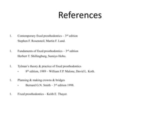 References
1. Contemporary fixed prosthodontics – 3rd edition
Stephen F. Rosensteil, Martin F. Land.
1. Fundaments of fixed prosthodontics – 3rd edition
Herbert T. Shillingburg, Sumiyo Hobo.
1. Tylman’s theory & practice of fixed prosthodontics
- 8th edition, 1989 – William F.P. Malone, David L. Koth.
1. Planning & making crowns & bridges
- Bernard G.N. Smith – 3rd edition 1998.
1. Fixed prosthodontics – Keith E. Thayer.
 
