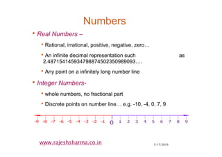 7/17/20102
www.rajeshsharma.co.in
Numbers
•Real Numbers –
•Rational, irrational, positive, negative, zero…
•An infinite decimal representation such as
2.487154145934798874502350989093….
•Any point on a infinitely long number line
•Integer Numbers-
•whole numbers, no fractional part
•Discrete points on number line… e.g. -10, -4, 0, 7, 9
 