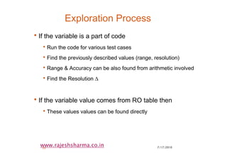 7/17/201020
www.rajeshsharma.co.in
Exploration Process
•If the variable is a part of code
•Run the code for various test cases
•Find the previously described values (range, resolution)
•Range & Accuracy can be also found from arithmetic involved
•Find the Resolution ∆
•If the variable value comes from RO table then
•These values values can be found directly
 