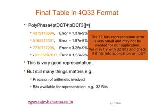 7/17/201025
www.rajeshsharma.co.in
Final Table in 4Q33 Format
• PolyPhase4ptDCT4toDCT3[]={
•4379110684, Error = 1.37e-9%
•5165513301, Error = 1.87e-8%
•7730737206, Error = 3.25e-9%
•-38335297017, Error = 1.53e-9% }
•This is very good representation,
•But still many things matters e.g.
•Precision of arithmetic involved
•Bits available for representation, e.g. 32 Bits
The 37 bits representation error
is very small and may not be
needed for our application.
We may try with 32 Bits and check
if it fits into application or not??
 