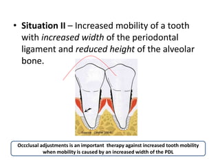 • Situation II – Increased mobility of a tooth
with increased width of the periodontal
ligament and reduced height of the alveolar
bone.
Occclusal adjustments is an important therapy against increased tooth mobility
when mobility is caused by an increased width of the PDL
 