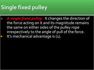 A single fixed pulley: It changes the direction of
the force acting on it and its magnitude remains
the same on either sides of the pulley rope
irrespectively to the angle of pull of the force.
 It’s mechanical advantage is (1).
 